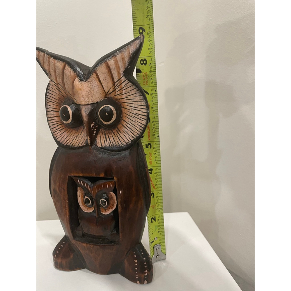 Vintage MCM Hand Carved Hand Painted Wooden Owl Sculpture With Baby Decorative - Picture 10 of 11